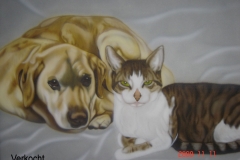 Labrador-en-Kat-Wanja-en-Sjeufie op Doek 50x60 cm
